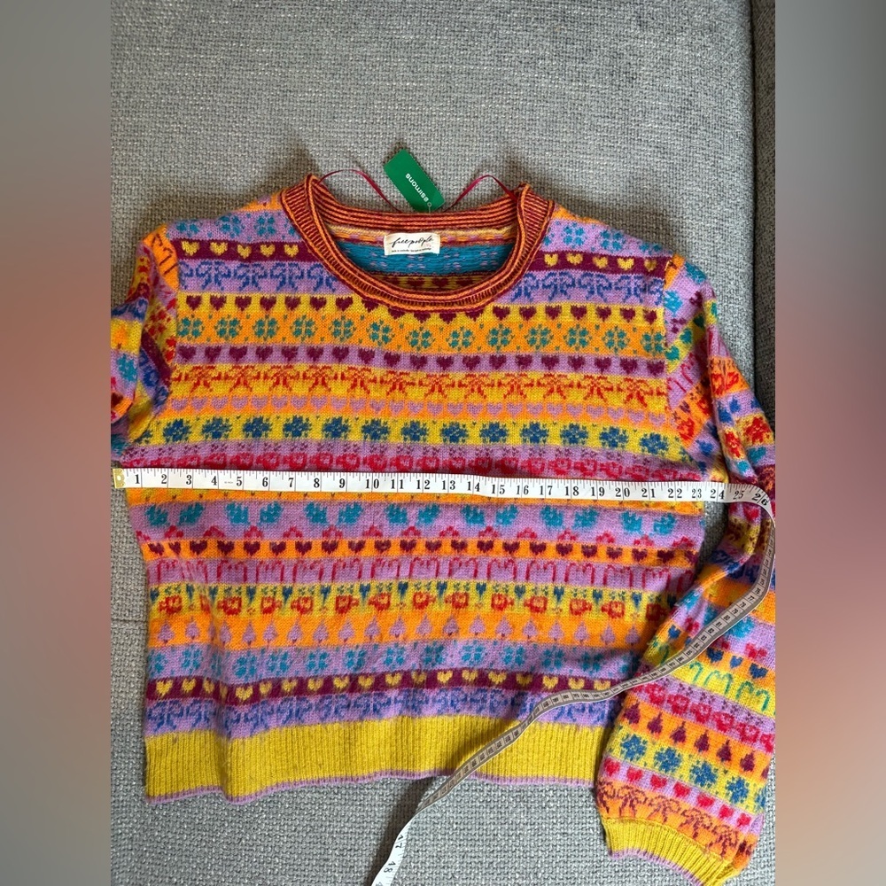 Free People Favorite Things Wool Sweater Bright Confetti Jacquard Knit Size L - Picture 9 of 16